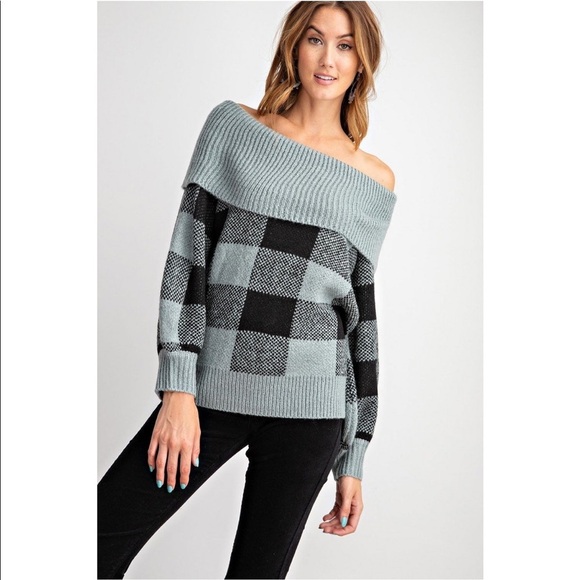 Off Shoulder Argyle Print Sweater - Picture 1 of 7